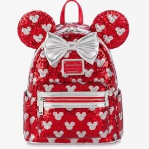 Loungefly Disney Parks Red And Silver Sequin Minnie Mouse Backpack.